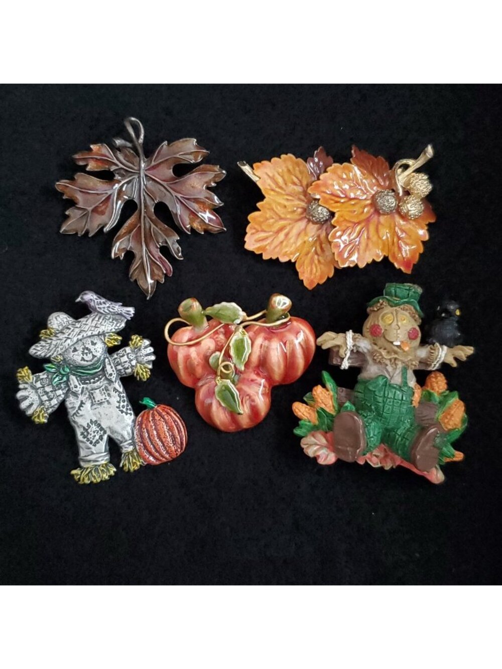 Vintage Autumn Brooch Scarecrow Leaf Pumpkin Lot of 5